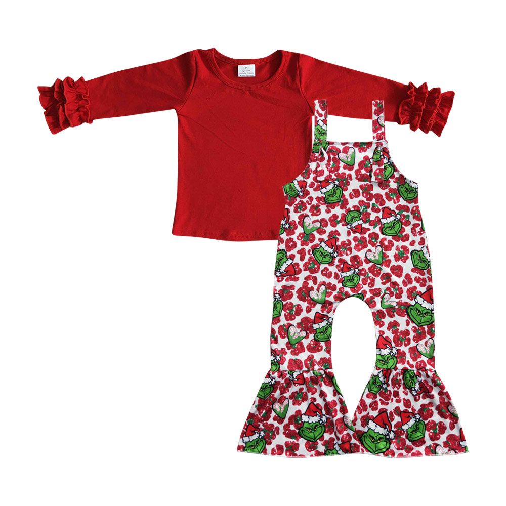 Baby Girl Red Long Sleeves Cotton Shirt Overall Chritsmas Outfit