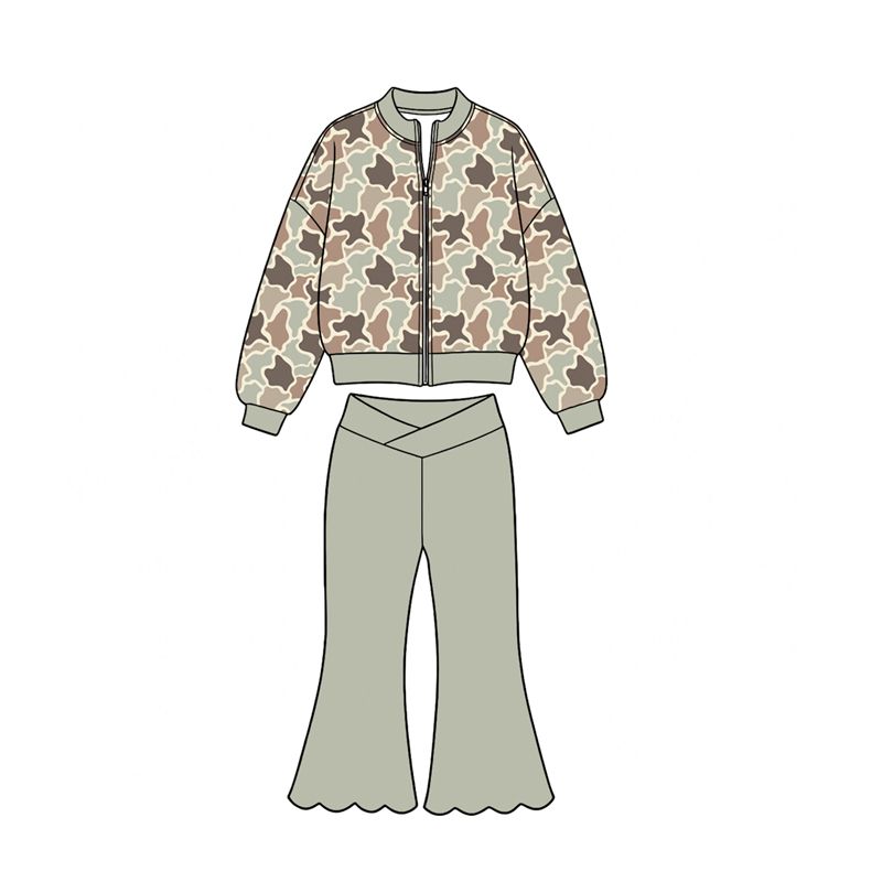 ( Moq 5 ) Preorder Baby Girls Kids Camo Long Sleeves Zipper Tops Scallop Pants Set Yoga Active Clothes