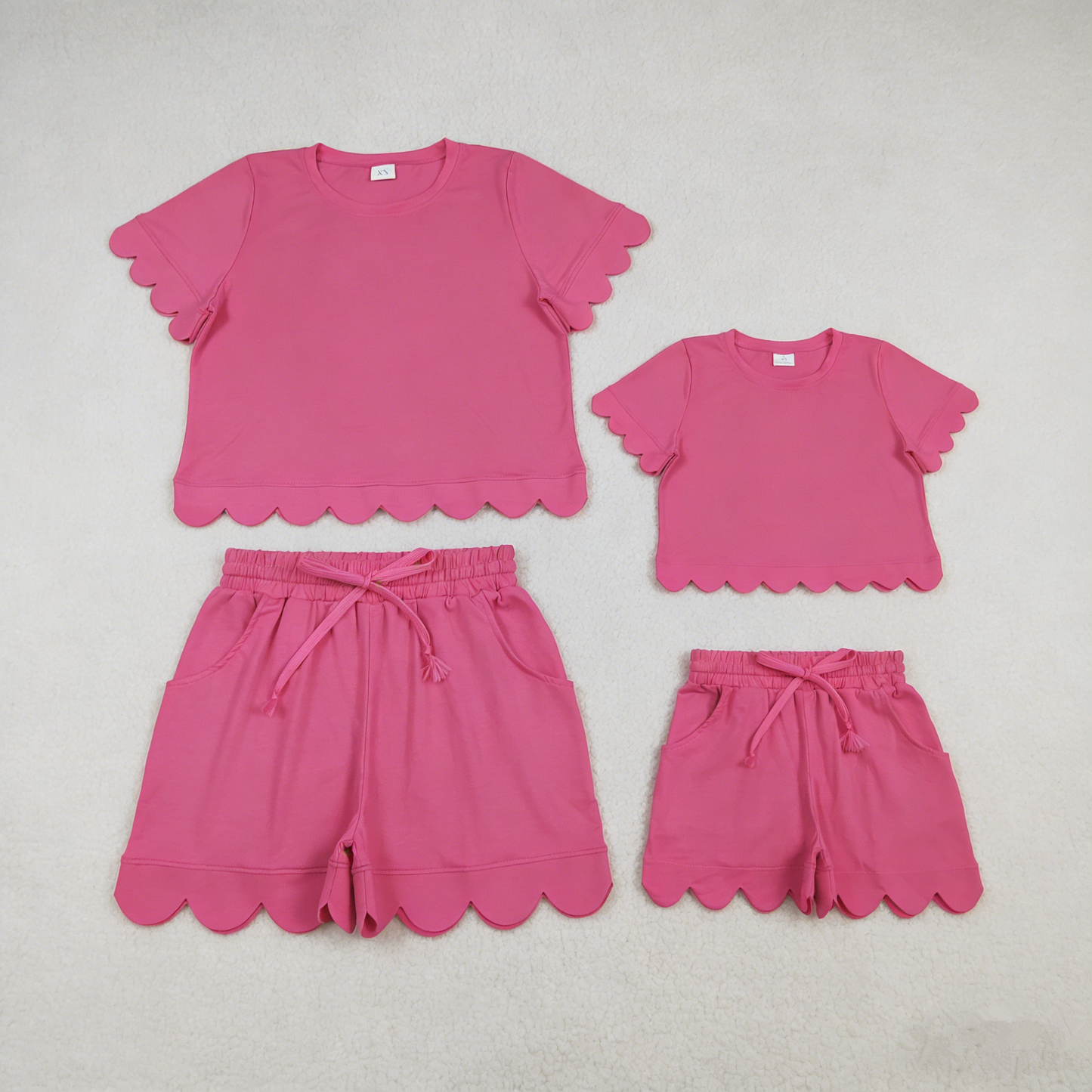 Sibling Baby Girls Adult Women Short Sleeves Pink Cotton Shirts Shorts Scallop Sets Summer Clothes RTS