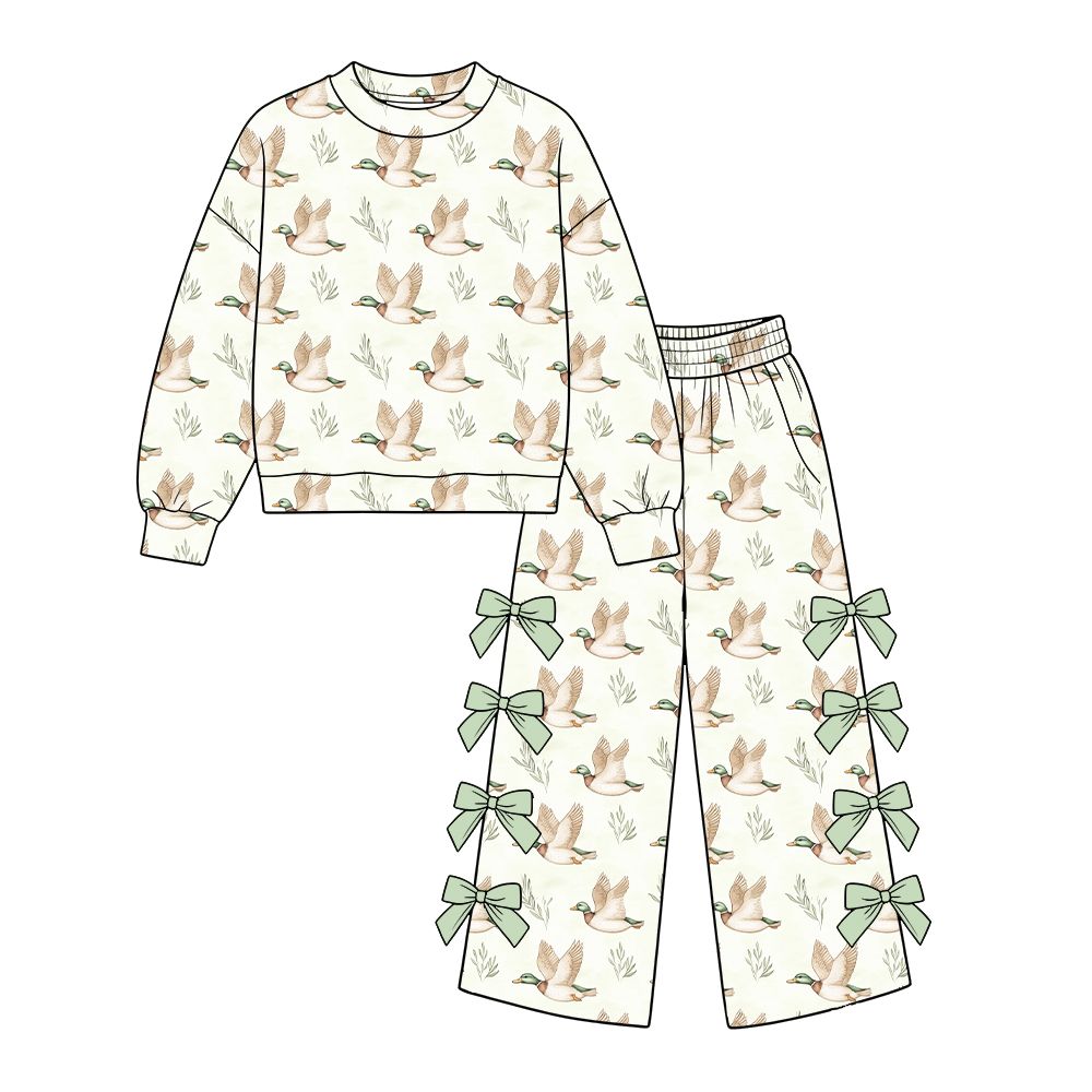 ( Moq 5 ) Preorder Baby Girls Kids Long Sleeves Ducks Pullover Bows Pants Set Clothes