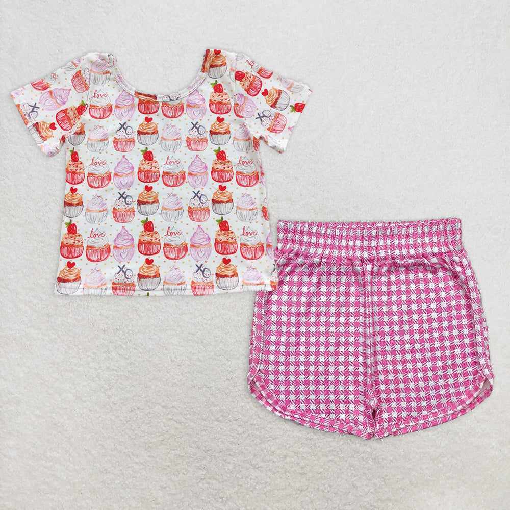 Baby Girl Short Sleeves Cakes Hearts Shirt Plaid Shorts Set RTS