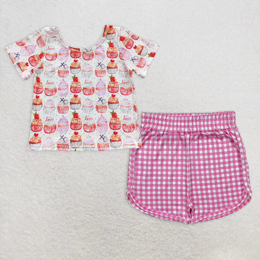 Baby Girl Short Sleeves Cakes Hearts Shirt Plaid Shorts Set RTS