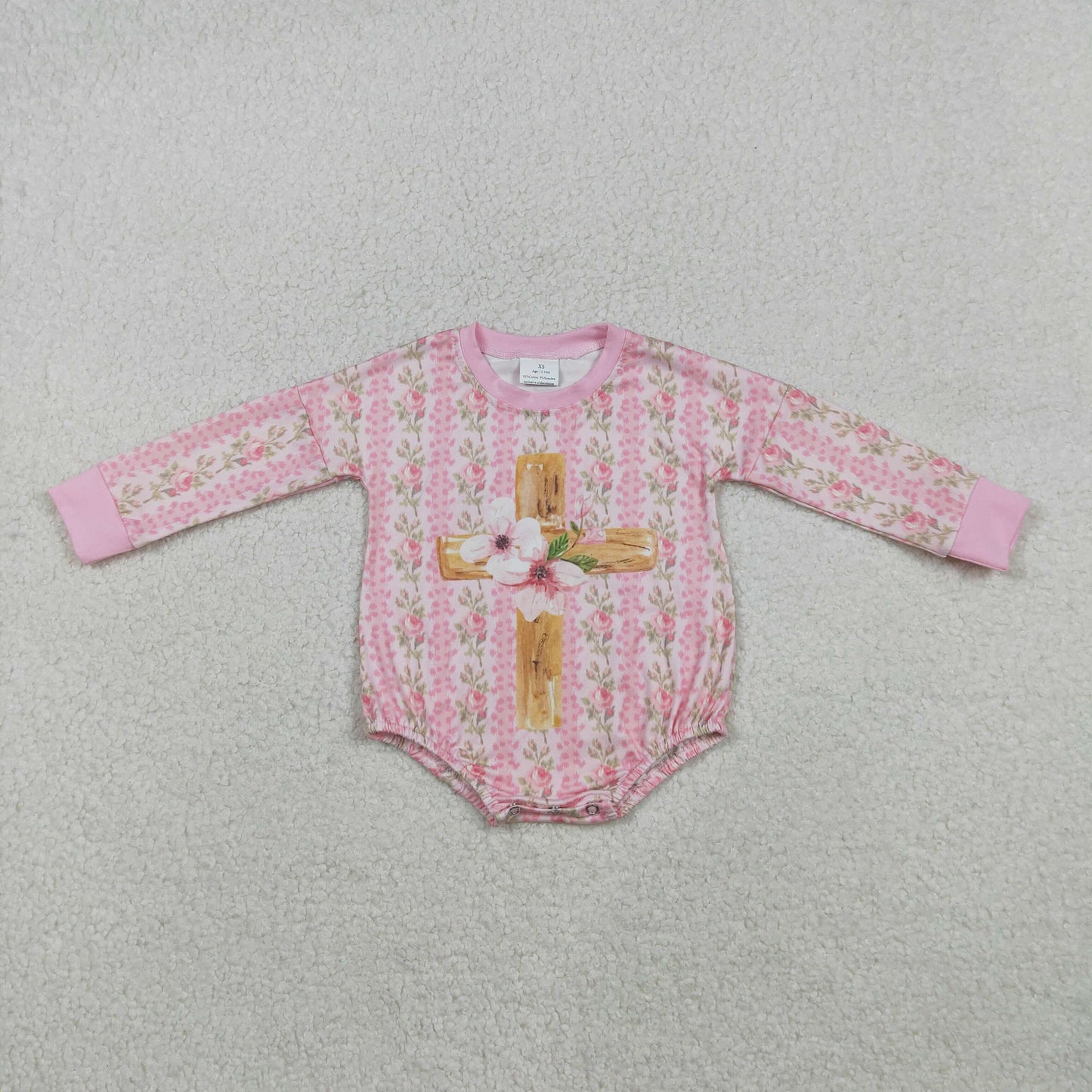 Baby Girls Long Sleeves Cross Flower Easter Bubble Pink Romper RTS