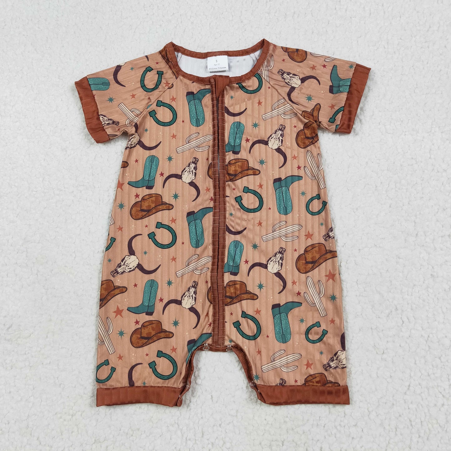 Baby Kids Infant Short Sleeves Western Boots Hats Cow Zipper Ribbed Romper RTS