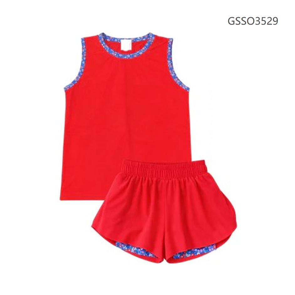 ( Moq 5 ) Preorder Baby Girls Kids Sleeveless Red Tops Ruffle Shorts Set Yoga Active Clothes