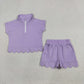 Baby Girls Kids Short Sleeves Zipper Shirt Scallop Shorts Cotton Purple Set RTS