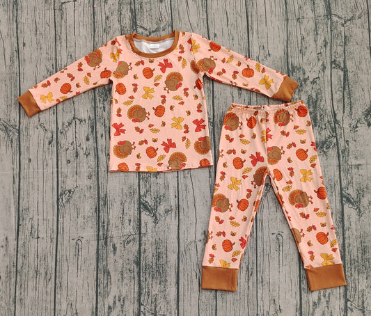 ( No moq ）Preorder Girls Kids turkey Pumpkin Bows Shirt Pants Fall Thanksgiving Pajamas Set