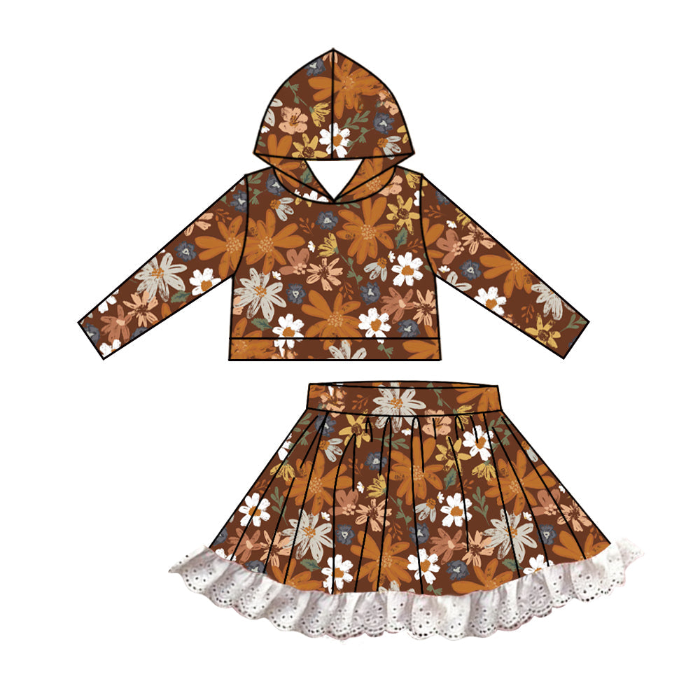 Baby Girl Fall Flowers Hooded Top Lace Skirts Clothes Set