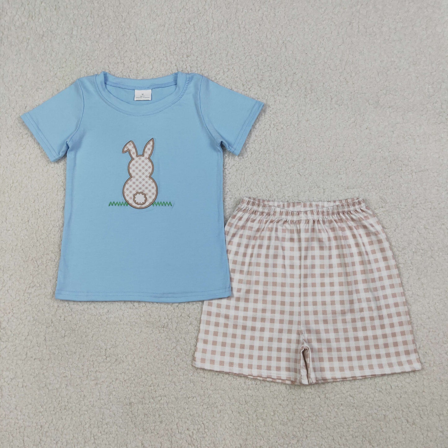 Baby Boys Kids Short Sleeves Embroidery Rabbit Blue Shirt Plaid Shorts Easter Set RTS