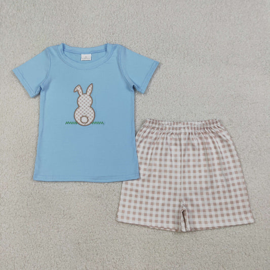 Baby Boys Kids Short Sleeves Embroidery Rabbit Blue Shirt Plaid Shorts Easter Set RTS