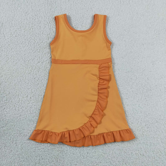 Baby Girls Kids Sleeveless Shorts Knee Length Orange Dress Yoga Active Scallop Clothes RTS