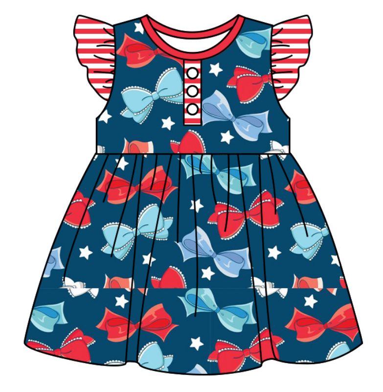 Baby Girl July 4th Bows Sibling Romper Dress Clothes Set ( Moq 5 Each Design )