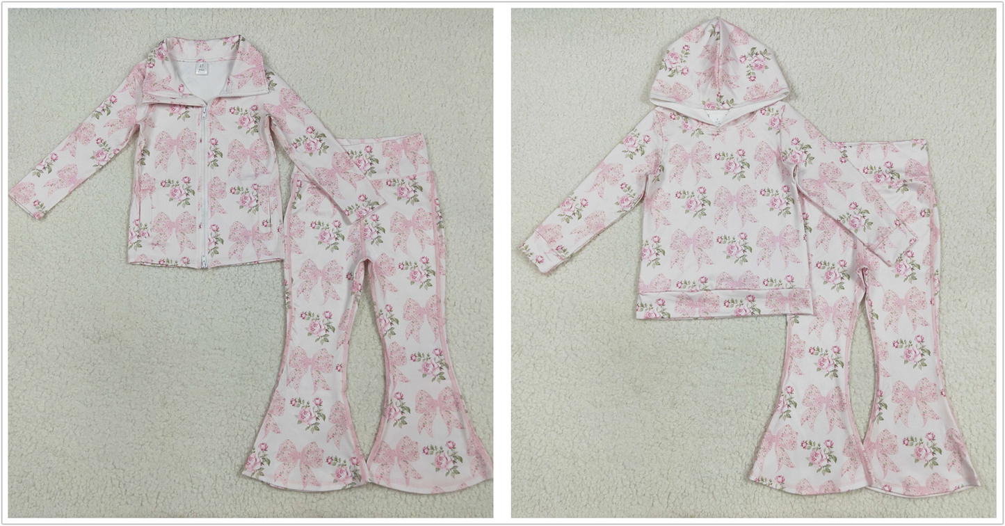Girls Girls Long Sleeves Pink Bows Floral Sibling Yoga Active Clothes Set RTS