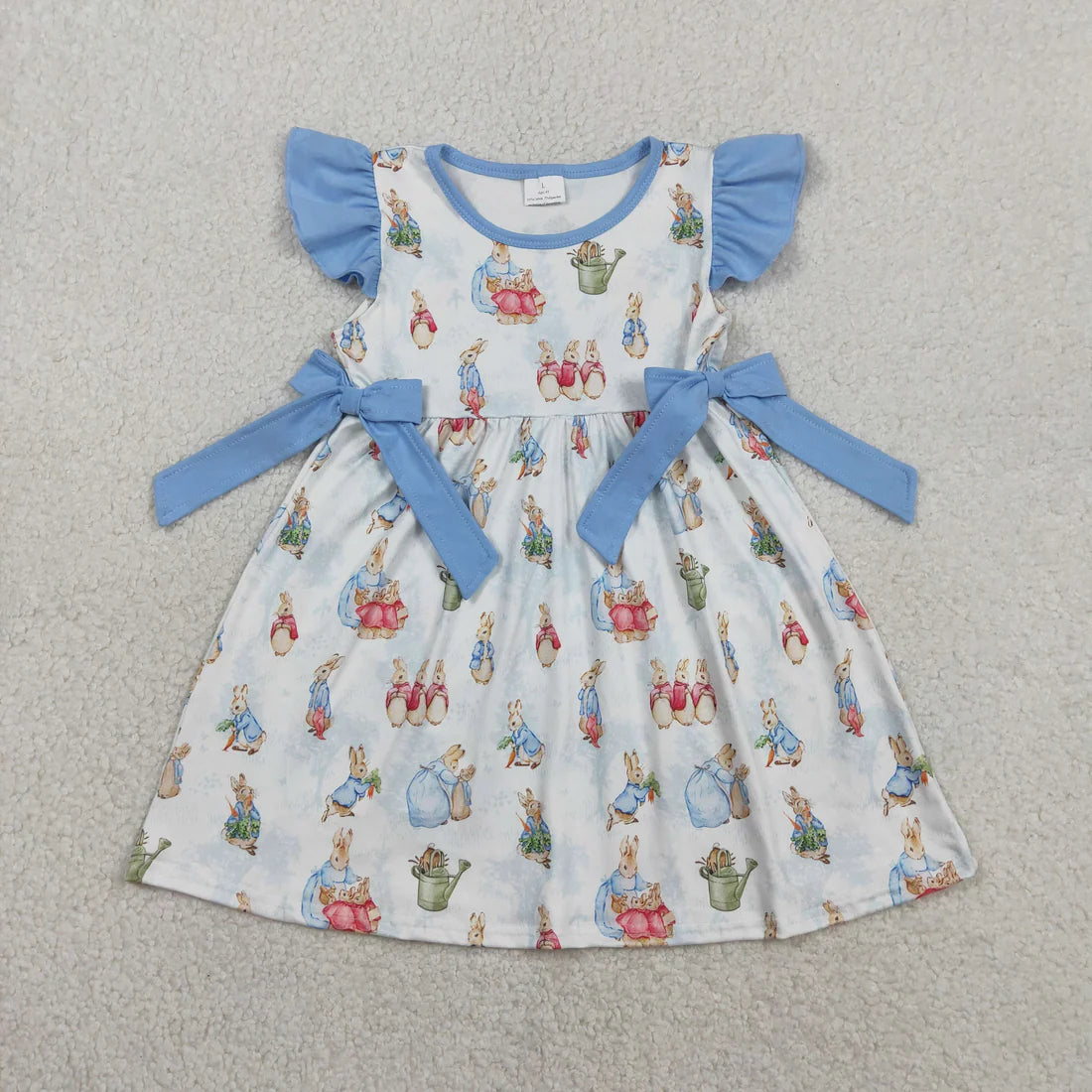 Sibling Baby Girls Kids Short Sleeves Rabbits Blue Bows Easter Romper Dress Set RTS