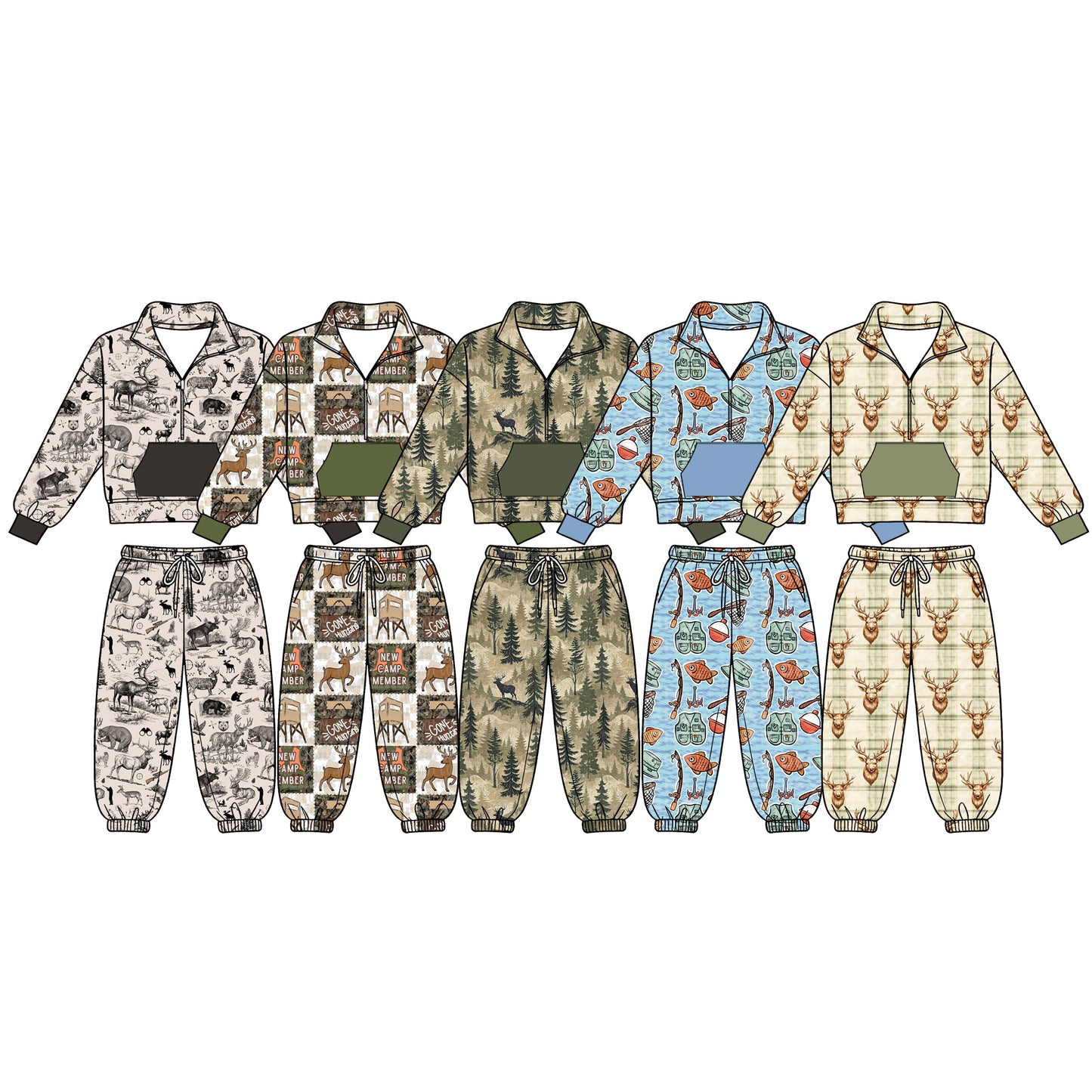 ( Moq 5 Each Style ) Sibling Baby Boys Kids Long Sleeves Zipper Fishing Shirts Pockets Pants Sets Hunting Clothes