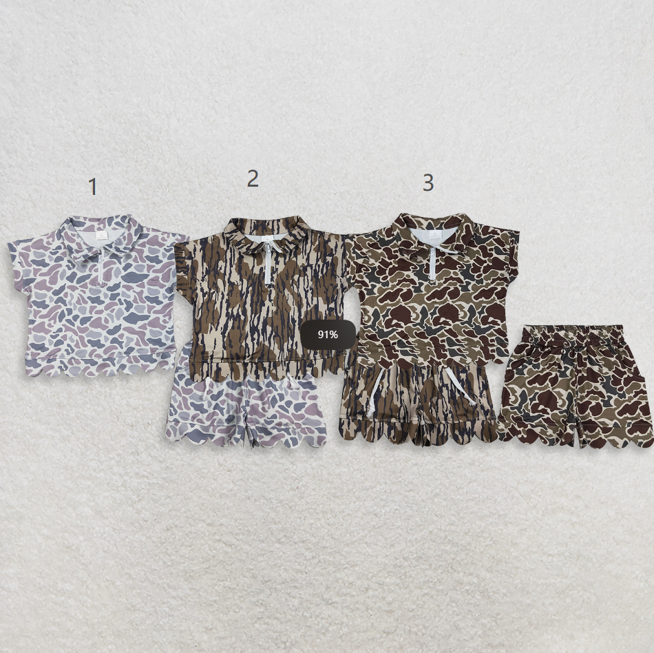 Sibling Baby Girls Kids Short Sleeves Camo Zipper Shirts Scallop Shorts Sets Clothes RTS