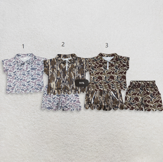 Sibling Baby Girls Kids Short Sleeves Camo Zipper Shirts Scallop Shorts Sets Clothes RTS