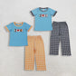 Sibling Baby Boys Kids Short Sleeves Embroidery I Love Balls Games Shirts Plaid Pants Clothes Sets RTS