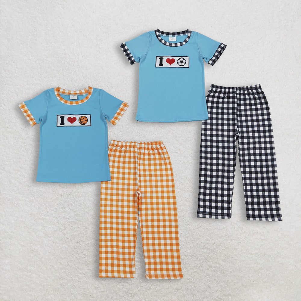 Sibling Baby Boys Kids Short Sleeves Embroidery I Love Balls Games Shirts Plaid Pants Clothes Sets RTS