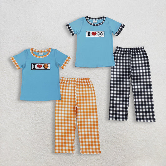 Sibling Baby Boys Kids Short Sleeves Embroidery I Love Balls Games Shirts Plaid Pants Clothes Sets RTS