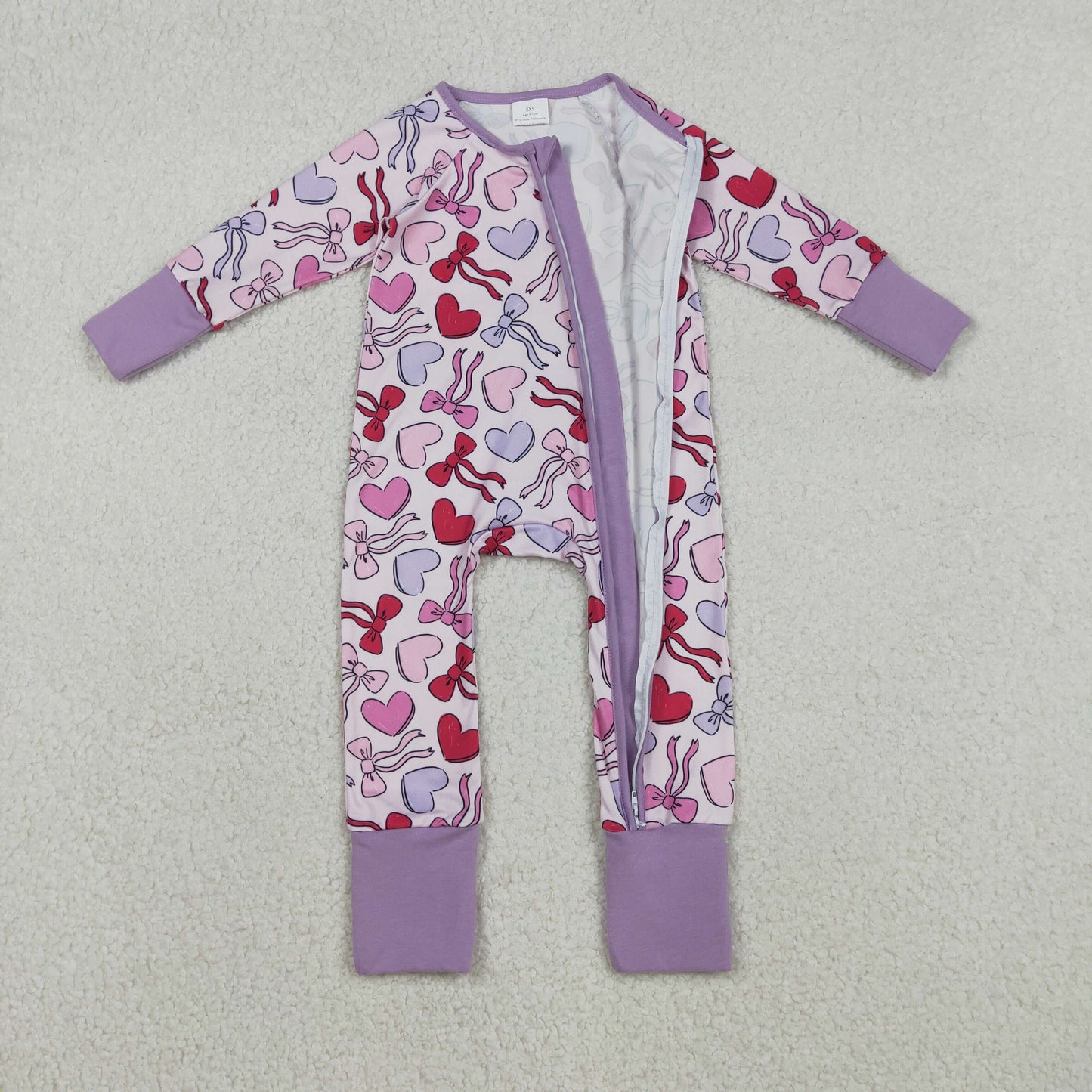 Baby Girls Long Sleevses Hearts Bows Valentine Purple Zipper Sleeper Romper RTS