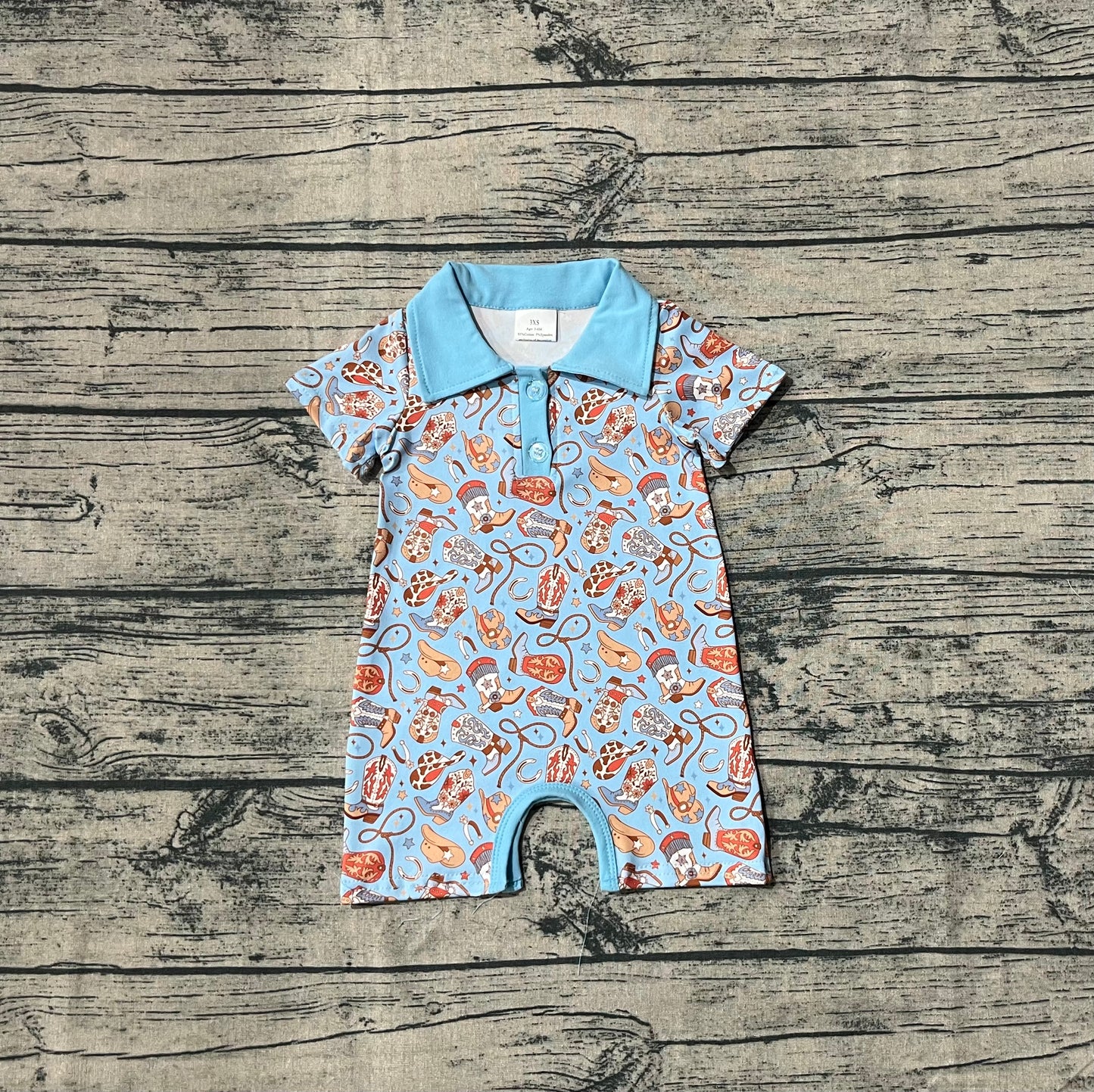 Baby Boy Short Sleeves Western Boots Hats Buttons Blue Romper RTS