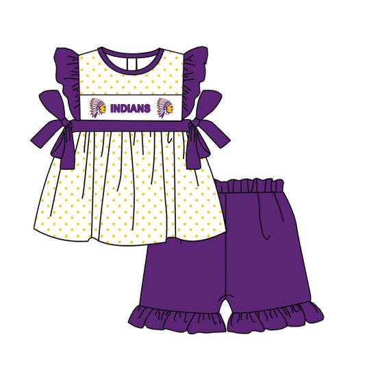 Baby Girl Short Sleeves Team Bows Tunic Purple Ruffle Shorts Set ( Moq 5 )