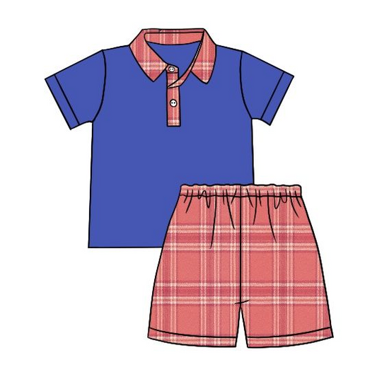 Moq 3 Pre-order BSSO0717 Baby Boy Short Sleeves Blue Buttons Shirt Plaid Shorts Set