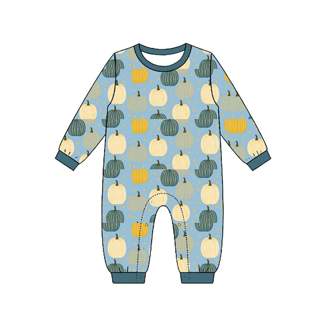 ( Moq 5 ) Preorder Baby Boys Kids Long Sleeves Pumpkins Blue Fall Romper Clothes