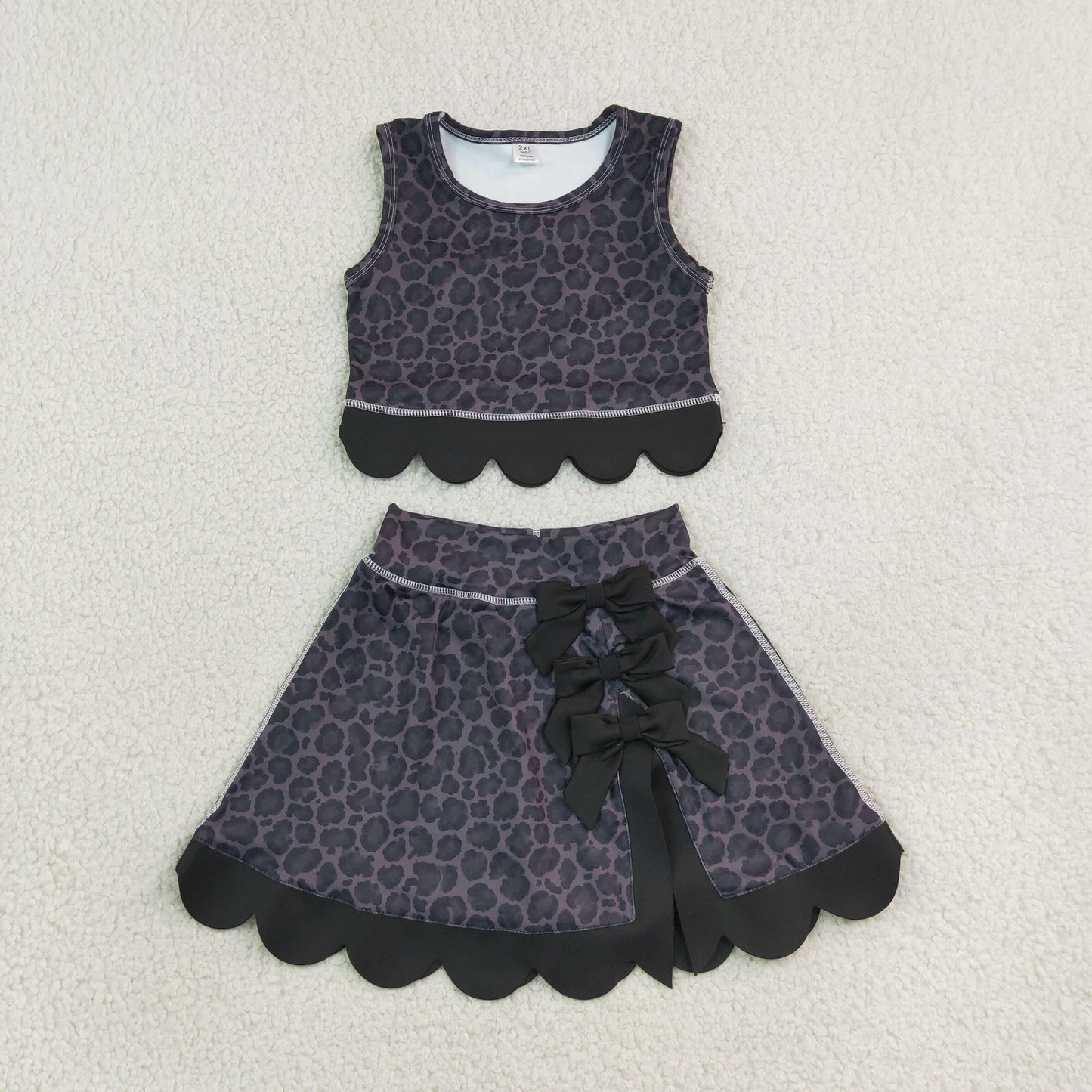 Baby Girls Kids Black Leopard Vest Bows Scallop Bows Skirt Shorts Yoga Active Set Clothes RTS