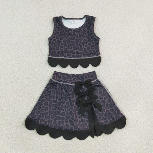 Baby Girls Kids Black Leopard Vest Bows Scallop Bows Skirt Shorts Yoga Active Set Clothes RTS