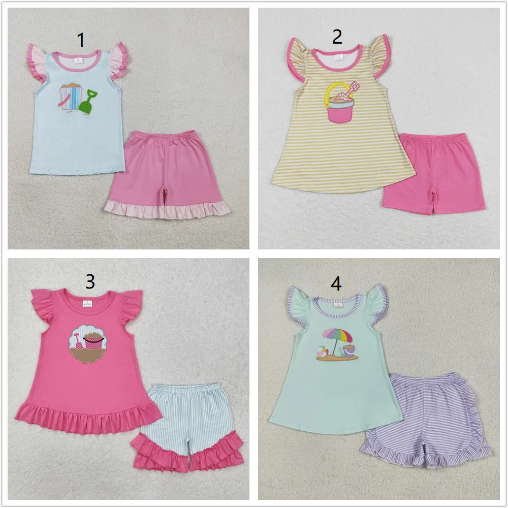 Sibling Baby Girls Kids Short Sleeves Embroidery Beach Shirts Ruffle Shorts Summer Sets RTS