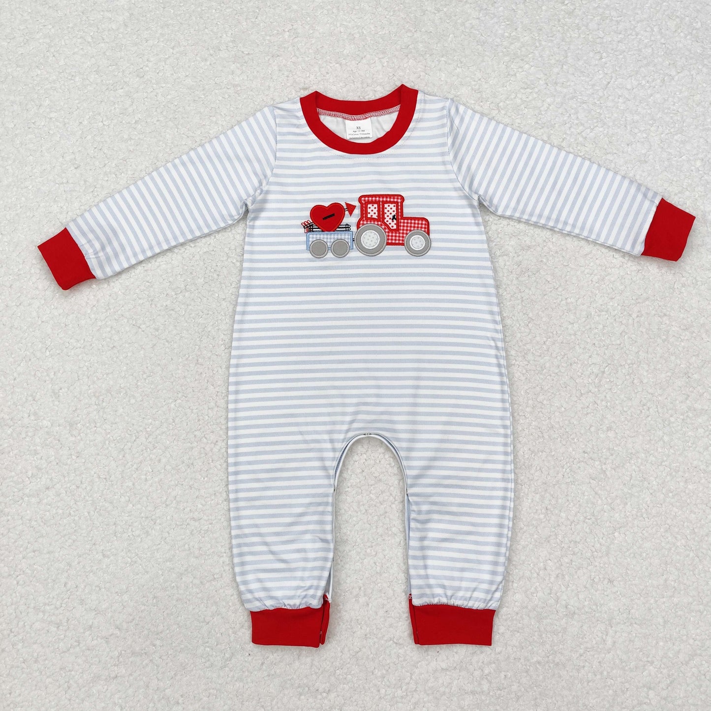 Baby Boy Infant Long Sleeves Embroidery Valentines Stripes Heart Truck Romper