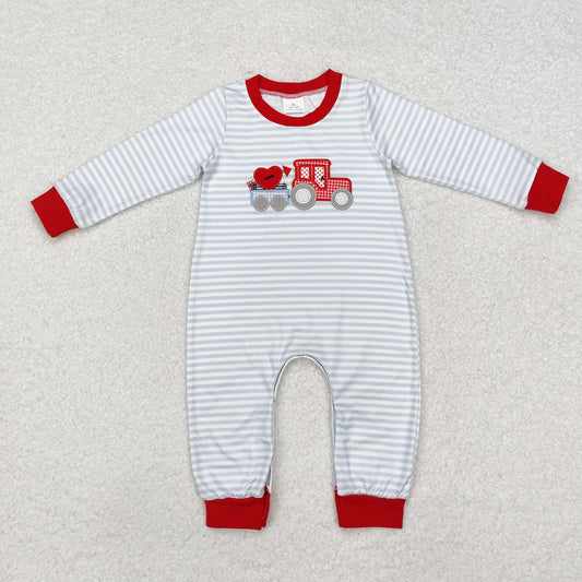 Baby Boy Infant Long Sleeves Embroidery Valentines Stripes Heart Truck Romper