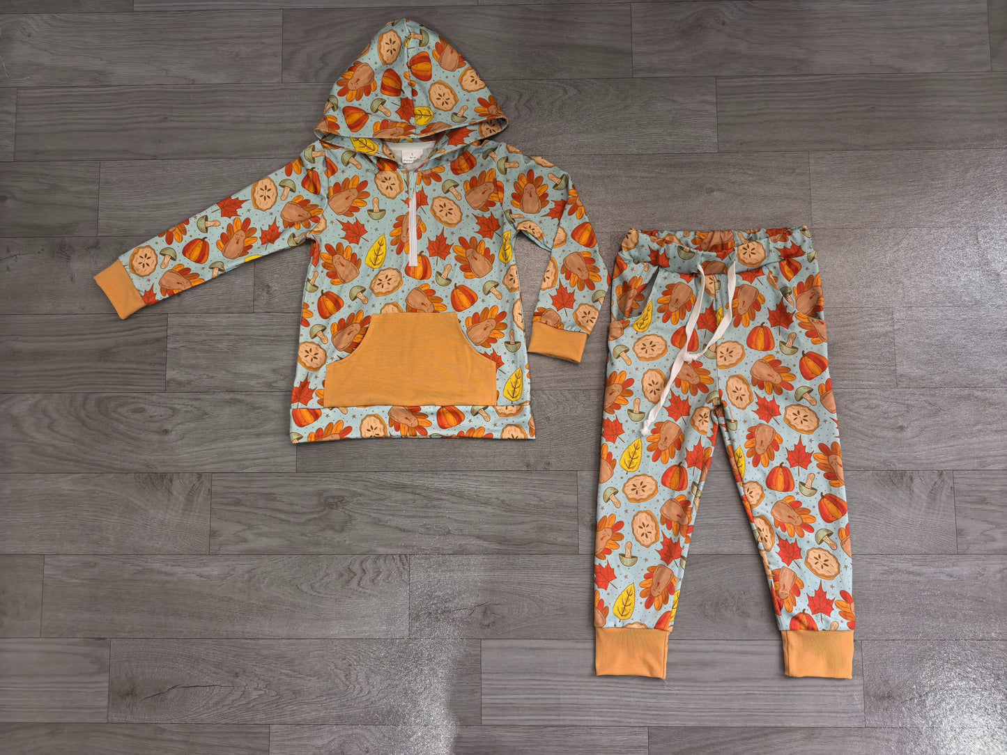 ( No moq ) Preorder Baby Boys Kids turkey Pumpkins Hoodie Hoodie Zip Shirt Pockets Pants Thanksgiving Set
