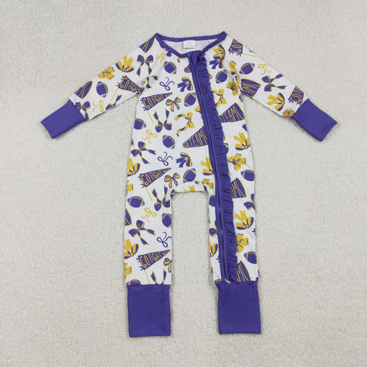 Baby Girl Long Sleeves Football Bows Team Cheer Purple Zipper Romper RTS