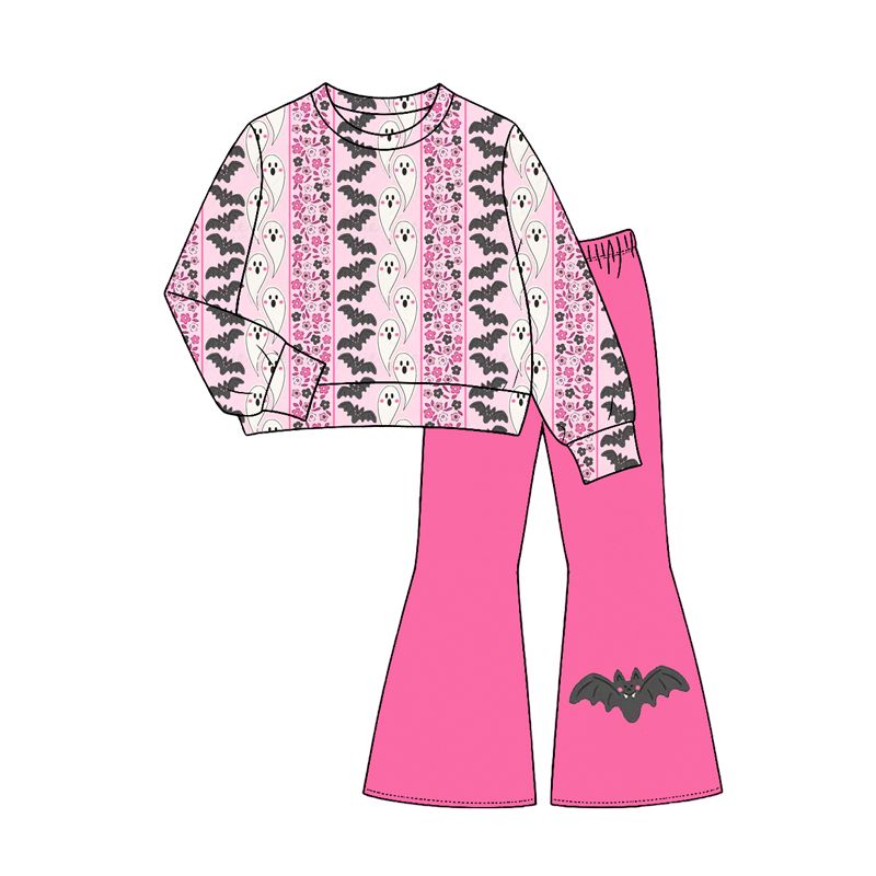 ( Moq 5 ) Preorder Baby Girls Kids Long Sleeves Ghosts Bats Shirt Bell Pants Halloween Set Clothes