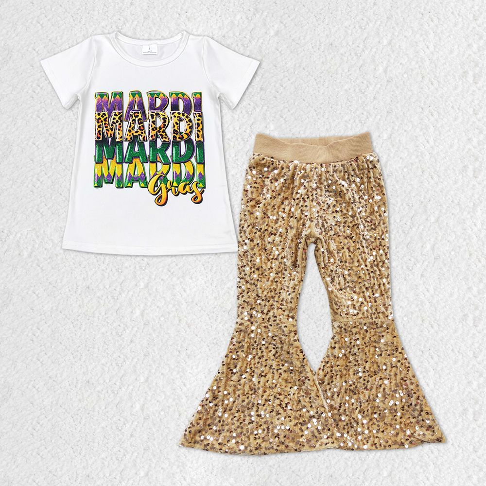 GSPO1328 Baby Girl Short Sleeves Mardi Gras Shirt Sequins Pants Set