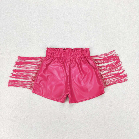 Baby Girls Kids Dark Pink Tassel Leather Shorts RTS