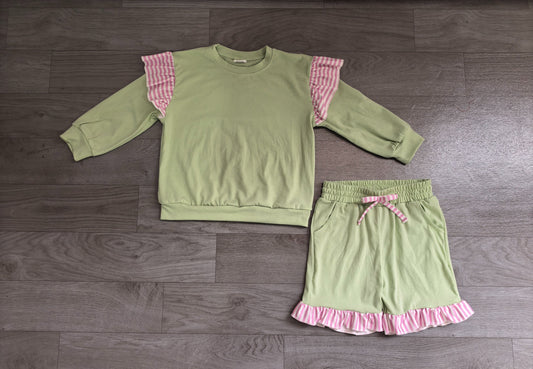 ( No moq ) Preorder Baby Girls Kids Green Long Sleeves Tops Pockets Shorts Cotton Set Clothes
