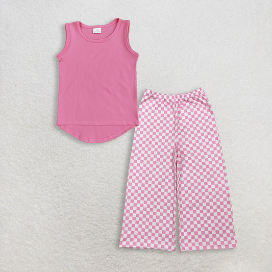 Baby Girls Kids Sleeveless Pink Yoga Tops Plaid Pants Clothes Set RTS