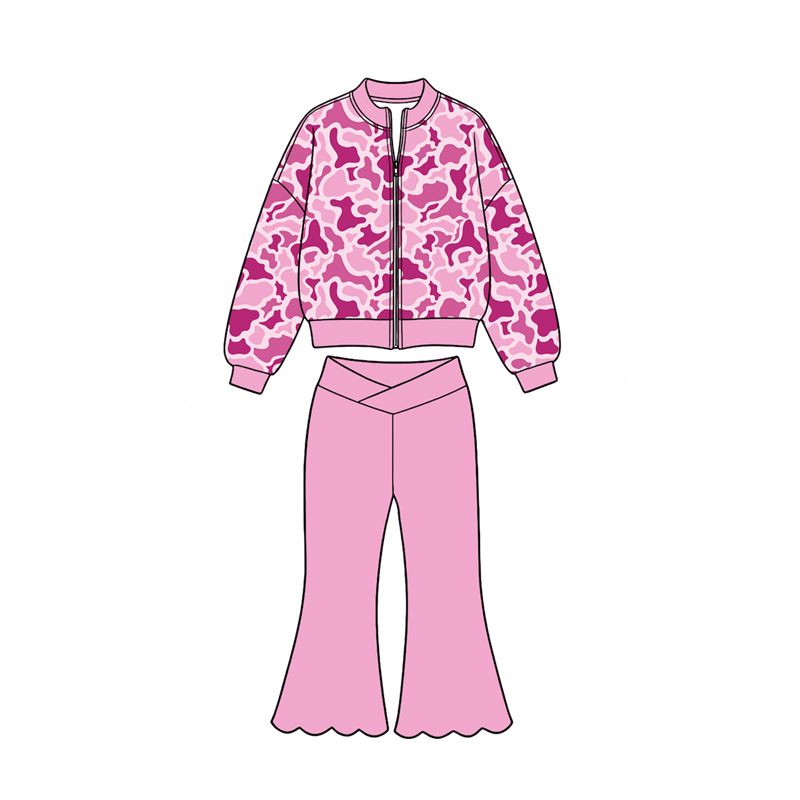 ( Moq 5 ) Preorder Baby Girls Kids Camo Long Sleeves Zipper Tops Pink Scallop Pants Set Yoga Active Clothes