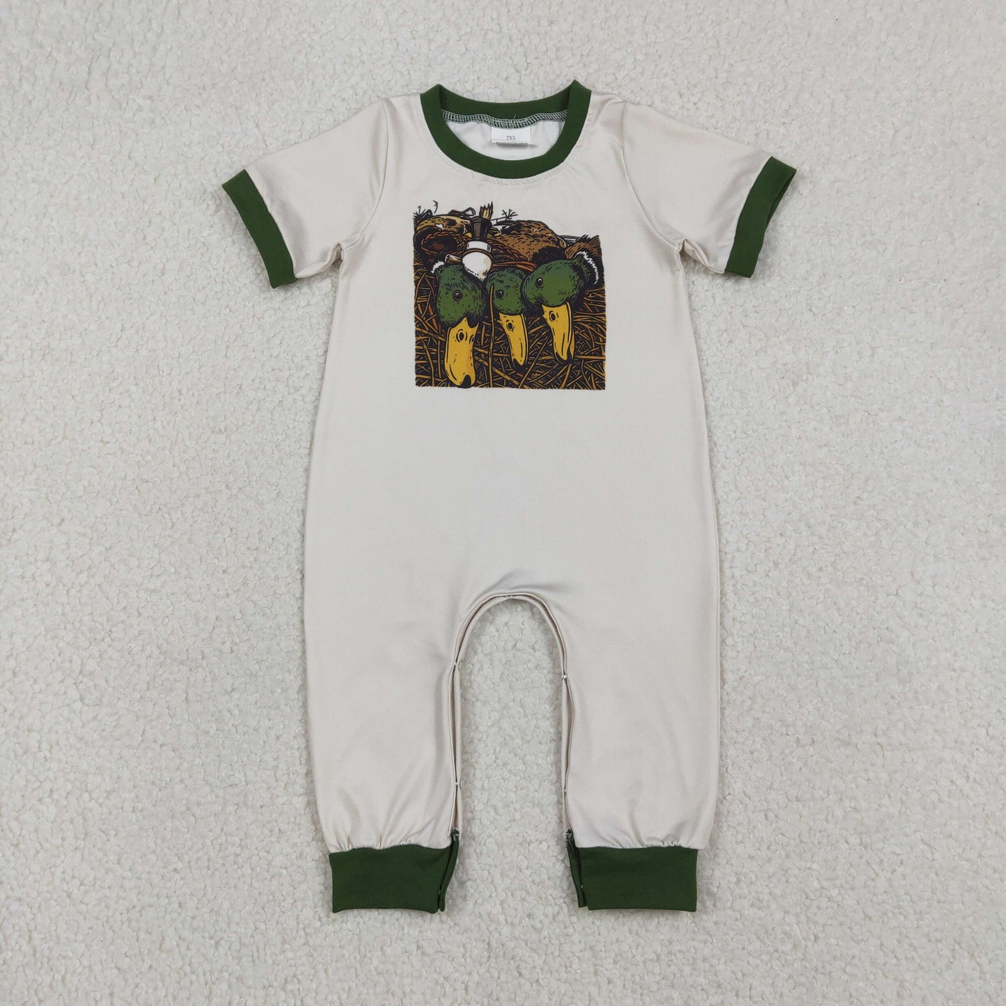 Baby Boys Infant Short Sleeves Ducks Hunting Buttons Grey Romper RTS