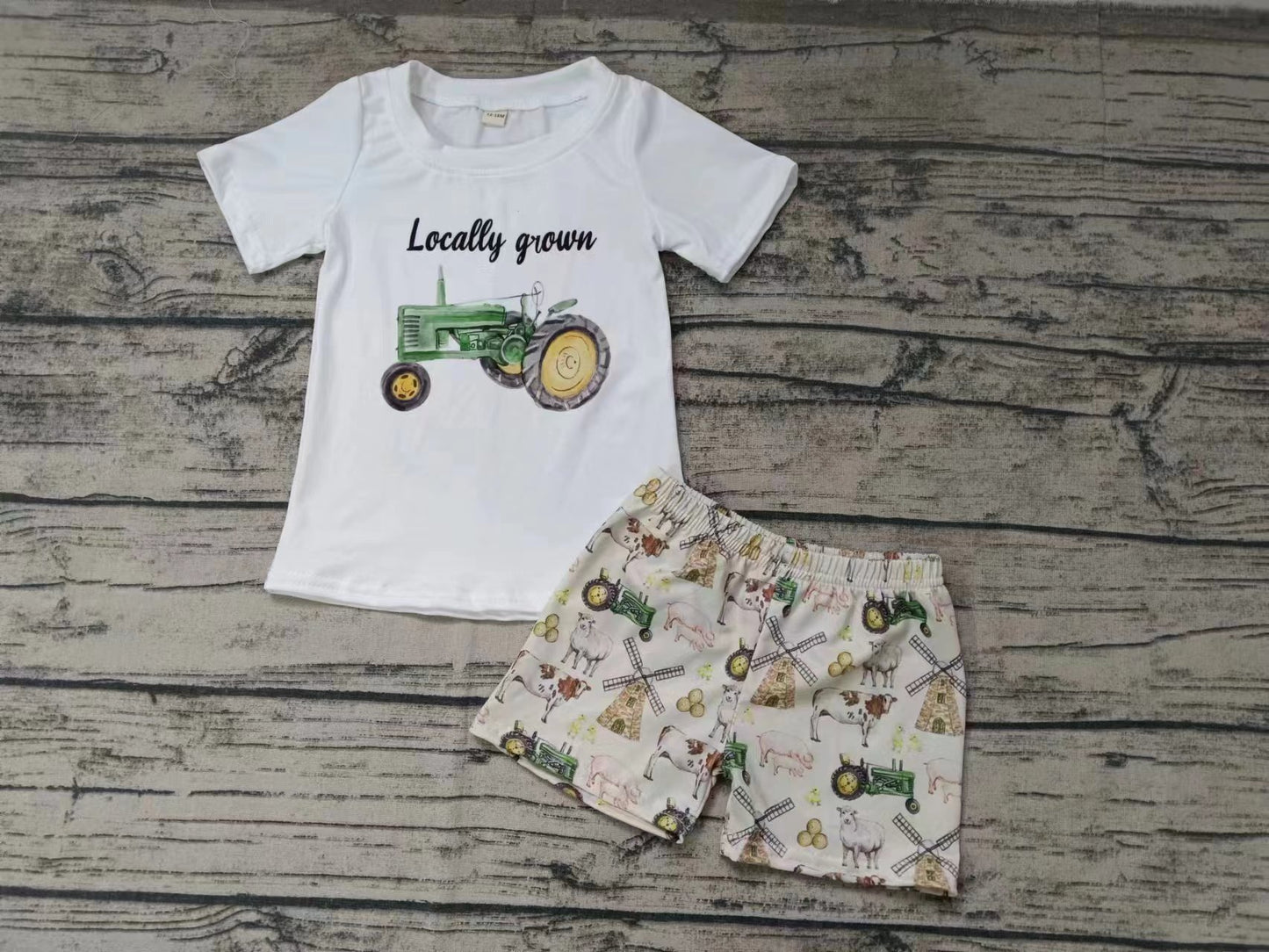 Moq 5 Baby Boy Short Sleeves Tractor Shirt Farm Shorts Set