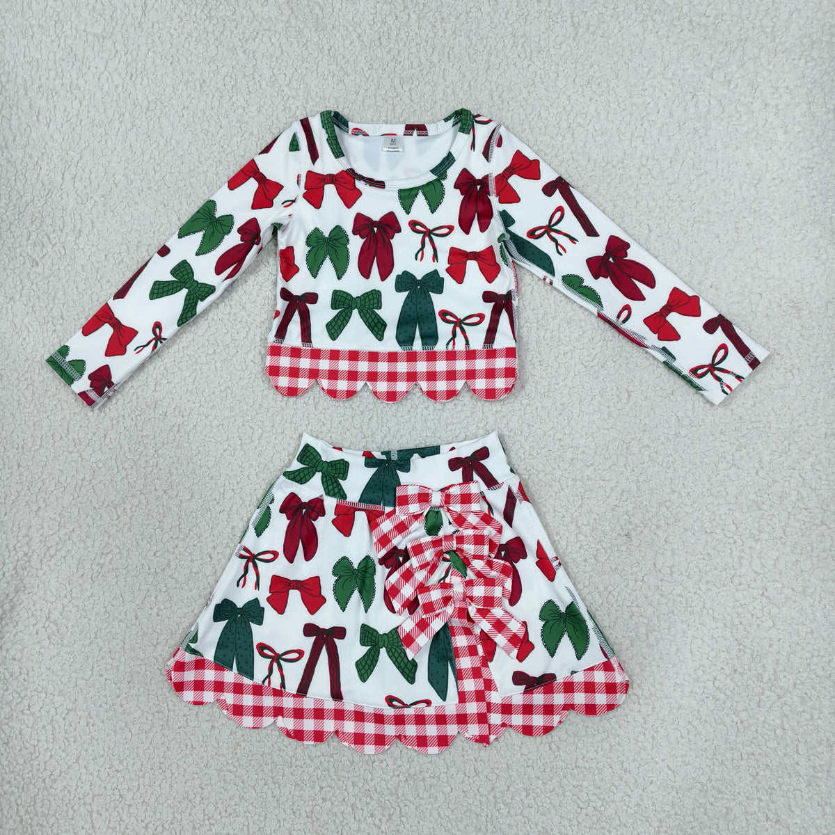 Baby Girls Kids Long Sleeves Christmas Bows Shirt Scallop Skirt Shorts Yoga Active Set Clothes RTS