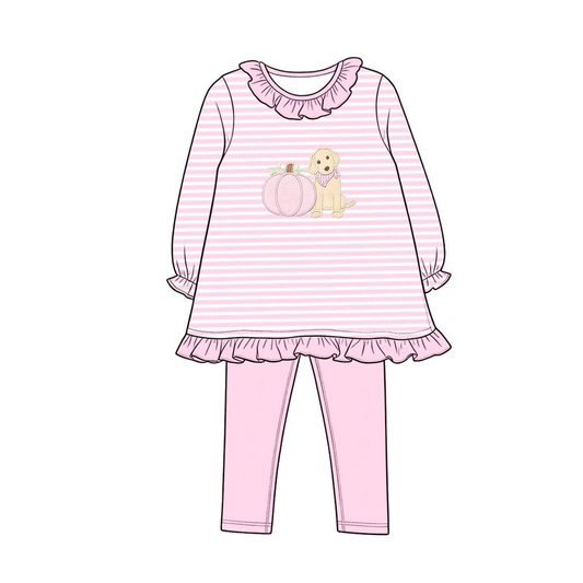 ( Moq 5 ) Preorder Baby Girls Kids Long Sleeves Pumpkin Dog Tops Pink Pants Set Fall Clothes
