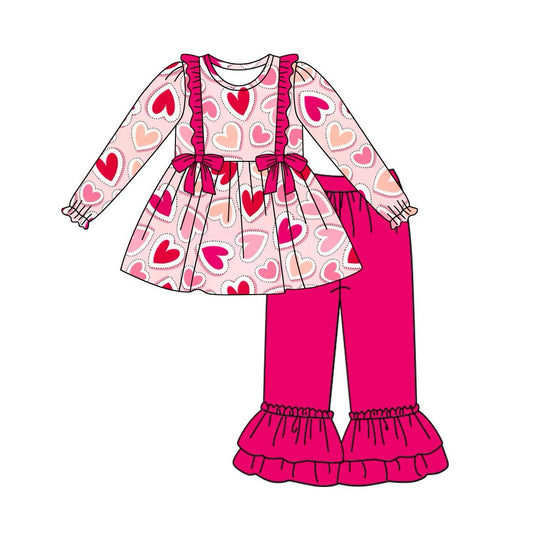 Baby Girl Long Sleeves Valentines Hearts Bow Tunic Ruffle Pants Clothes Set Moq 5