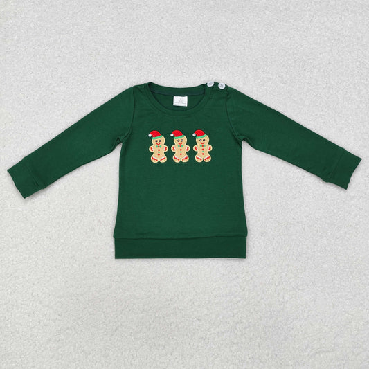 Baby Boy Christmas Embroidery Gingerbread Long Sleeves Green Shirt