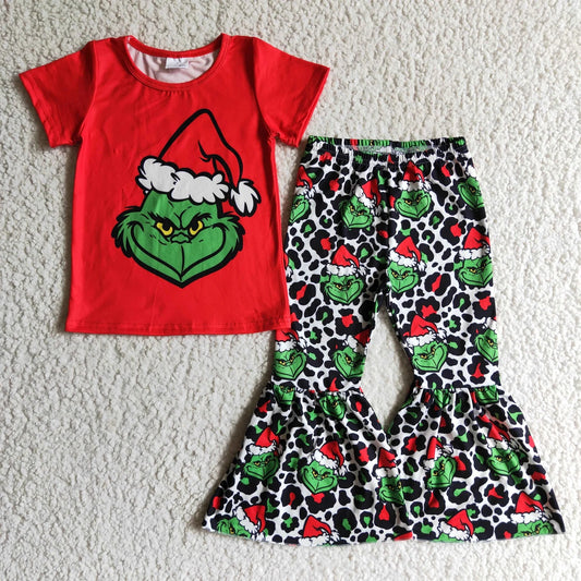 Promotion Baby Girl Kids Red Shirt Green Face  Leopard Pants Christmas Outfit RTS