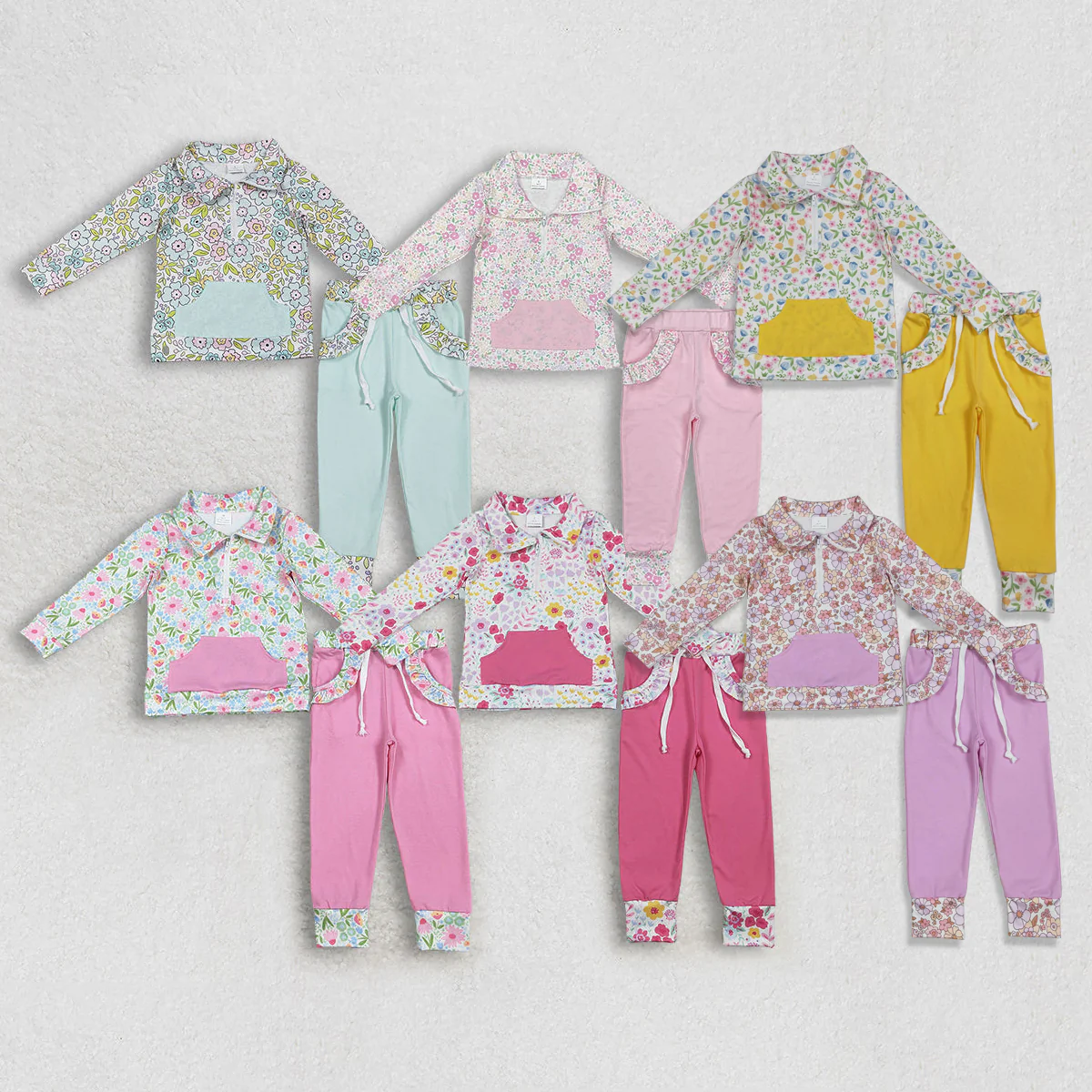 Sibling Baby Girls Toddler Long Sleeves Flower Zipper Shirts Pockets Pants Clothes Sets RTS